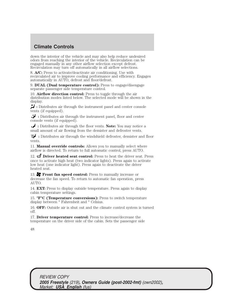 Climate controls | FORD 2005 Freestyle v.1 User Manual | Page 48 / 288