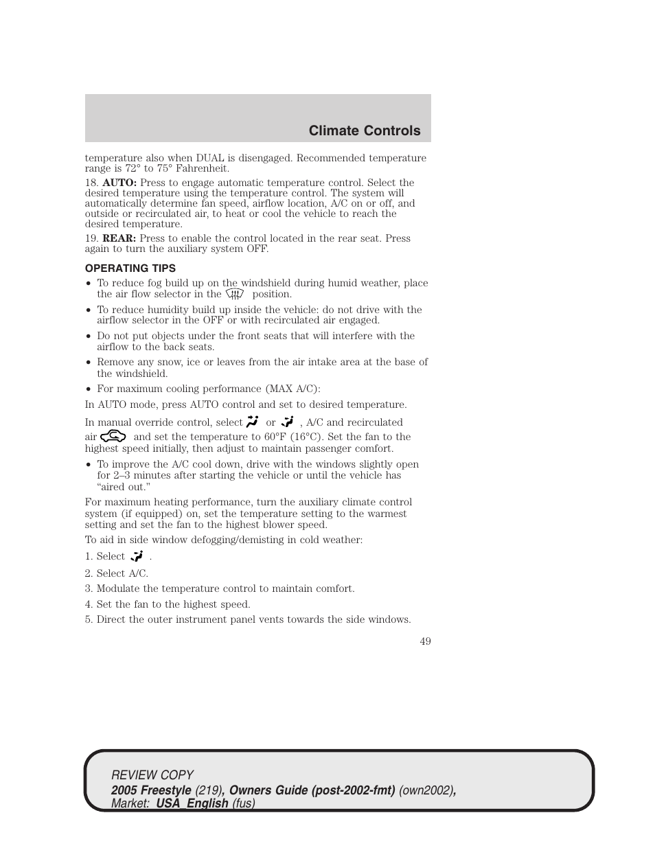 Climate controls | FORD 2005 Freestyle v.1 User Manual | Page 49 / 288