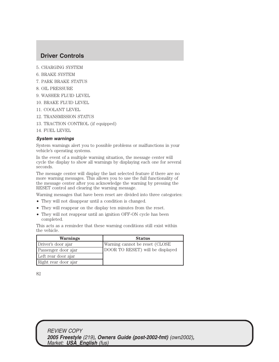 Driver controls | FORD 2005 Freestyle v.1 User Manual | Page 82 / 288