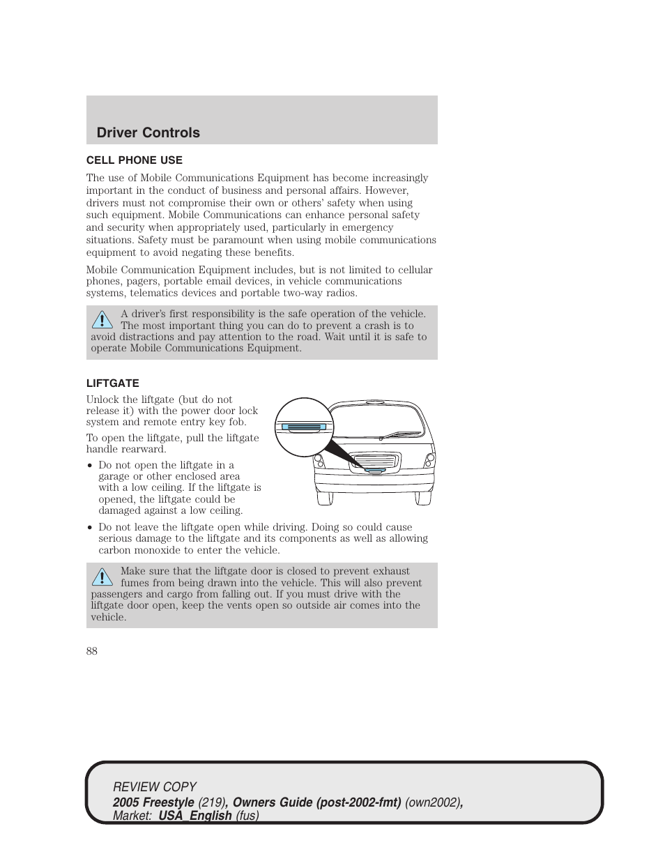 Driver controls | FORD 2005 Freestyle v.1 User Manual | Page 88 / 288