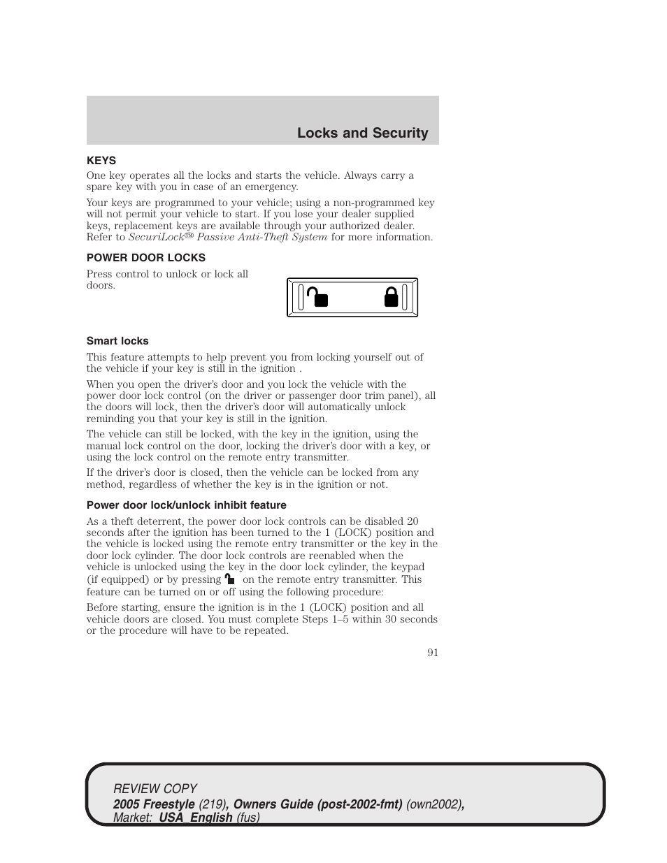 Locks and security | FORD 2005 Freestyle v.1 User Manual | Page 91 / 288