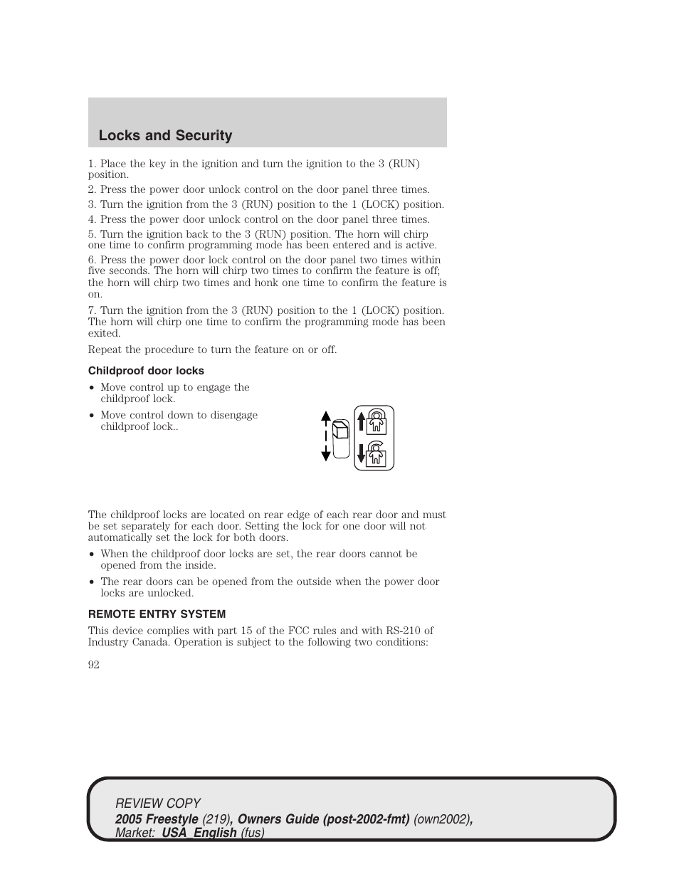 Locks and security | FORD 2005 Freestyle v.1 User Manual | Page 92 / 288