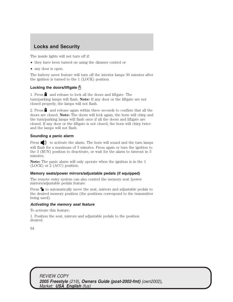 Locks and security | FORD 2005 Freestyle v.1 User Manual | Page 94 / 288