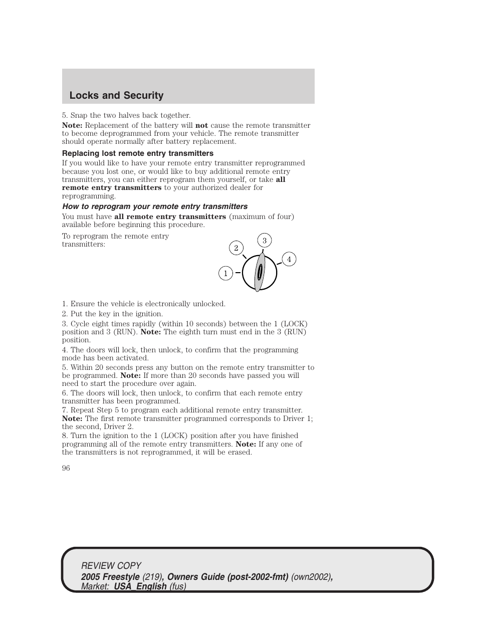 Locks and security | FORD 2005 Freestyle v.1 User Manual | Page 96 / 288