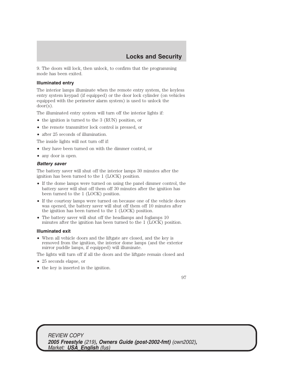 Locks and security | FORD 2005 Freestyle v.1 User Manual | Page 97 / 288