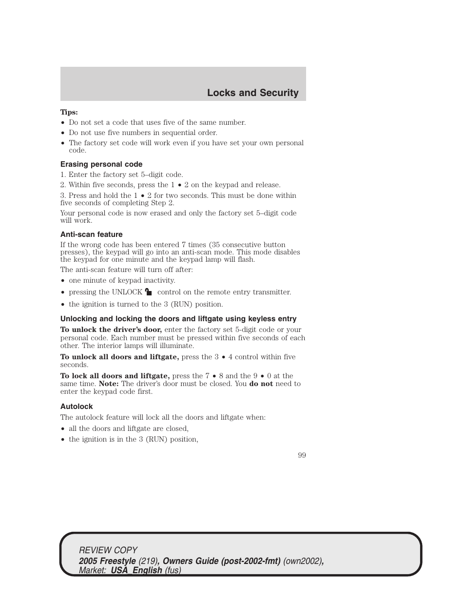 Locks and security | FORD 2005 Freestyle v.1 User Manual | Page 99 / 288