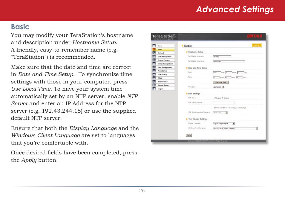 Advanced settings, Basic | Buffalo Technology TeraStation Live HS-DH-TGL/R5 User Manual | Page 26 / 92