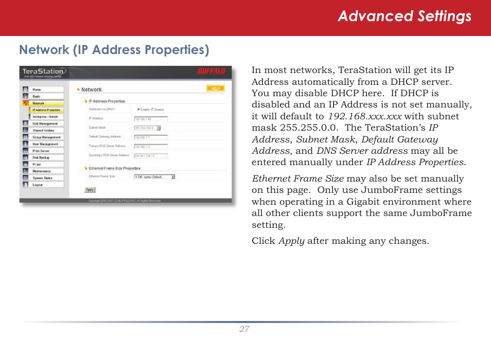 Advanced settings, Network (ip address properties) | Buffalo Technology TeraStation Live HS-DH-TGL/R5 User Manual | Page 27 / 92