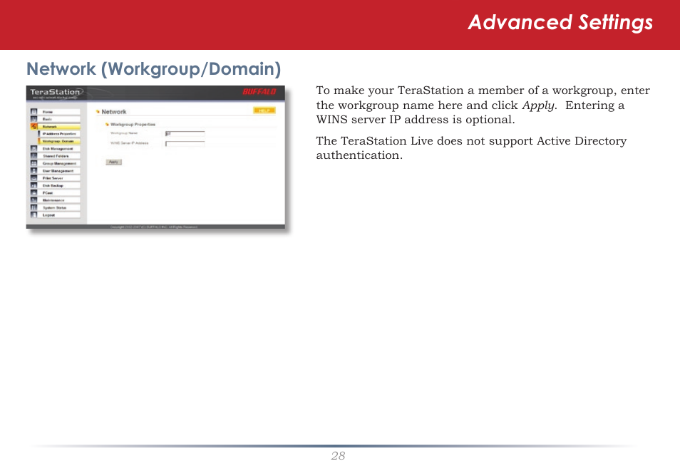 Advanced settings, Network (workgroup/domain) | Buffalo Technology TeraStation Live HS-DH-TGL/R5 User Manual | Page 28 / 92