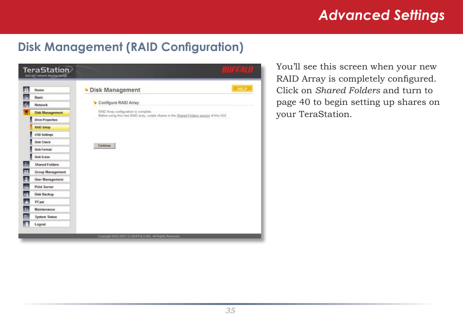 Advanced settings | Buffalo Technology TeraStation Live HS-DH-TGL/R5 User Manual | Page 35 / 92