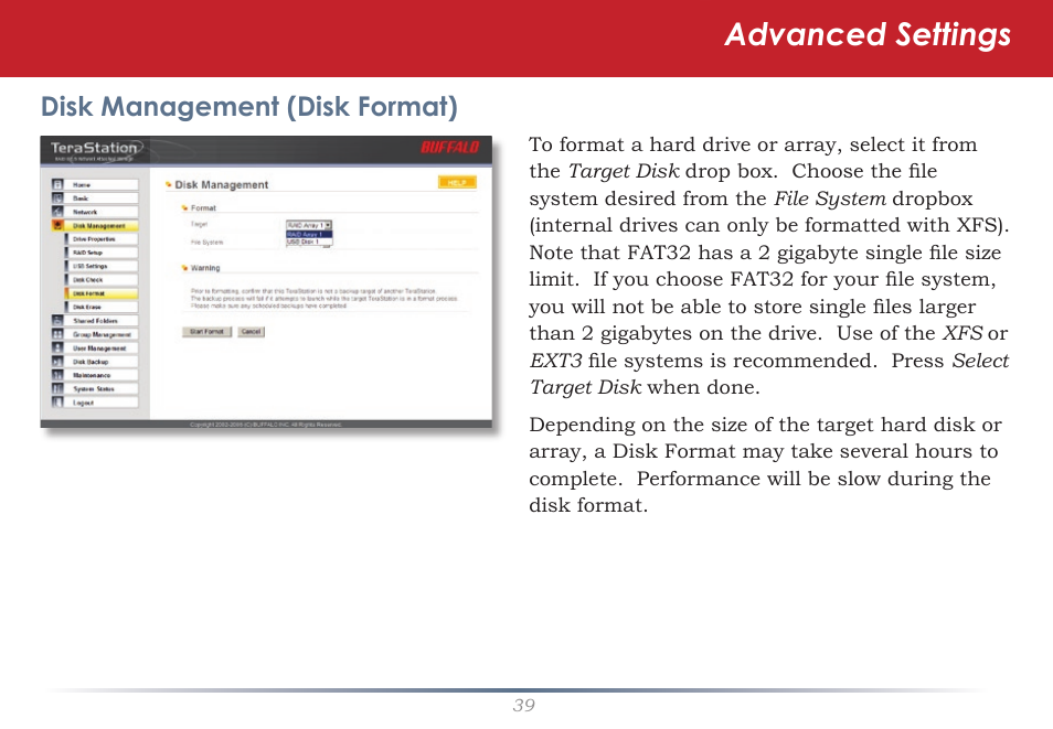 Advanced settings, Disk management (disk format) | Buffalo Technology TeraStation Live HS-DH-TGL/R5 User Manual | Page 39 / 92