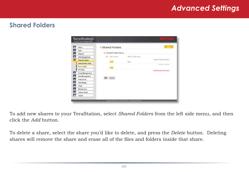 Advanced settings | Buffalo Technology TeraStation Live HS-DH-TGL/R5 User Manual | Page 40 / 92