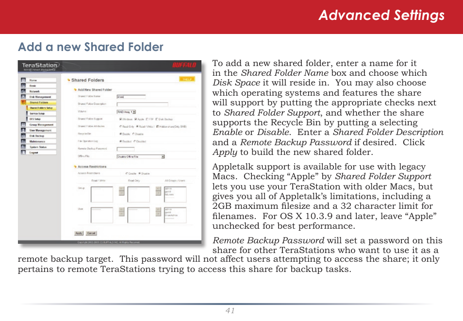Advanced settings, Add a new shared folder | Buffalo Technology TeraStation Live HS-DH-TGL/R5 User Manual | Page 41 / 92