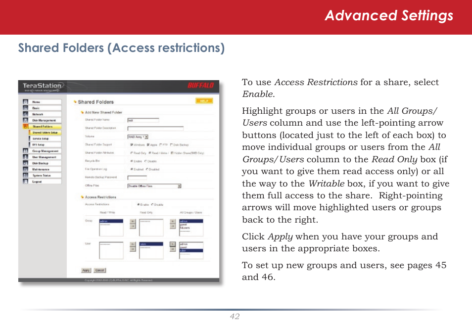 Advanced settings, Shared folders (access restrictions) | Buffalo Technology TeraStation Live HS-DH-TGL/R5 User Manual | Page 42 / 92