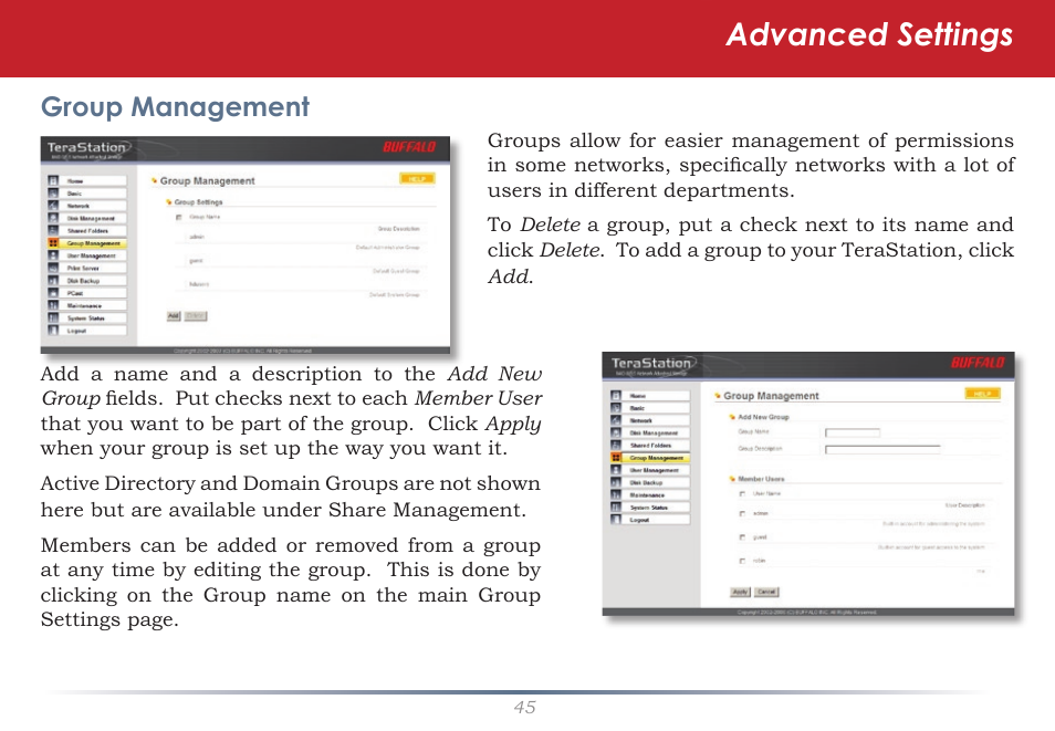 Advanced settings, Group management | Buffalo Technology TeraStation Live HS-DH-TGL/R5 User Manual | Page 45 / 92
