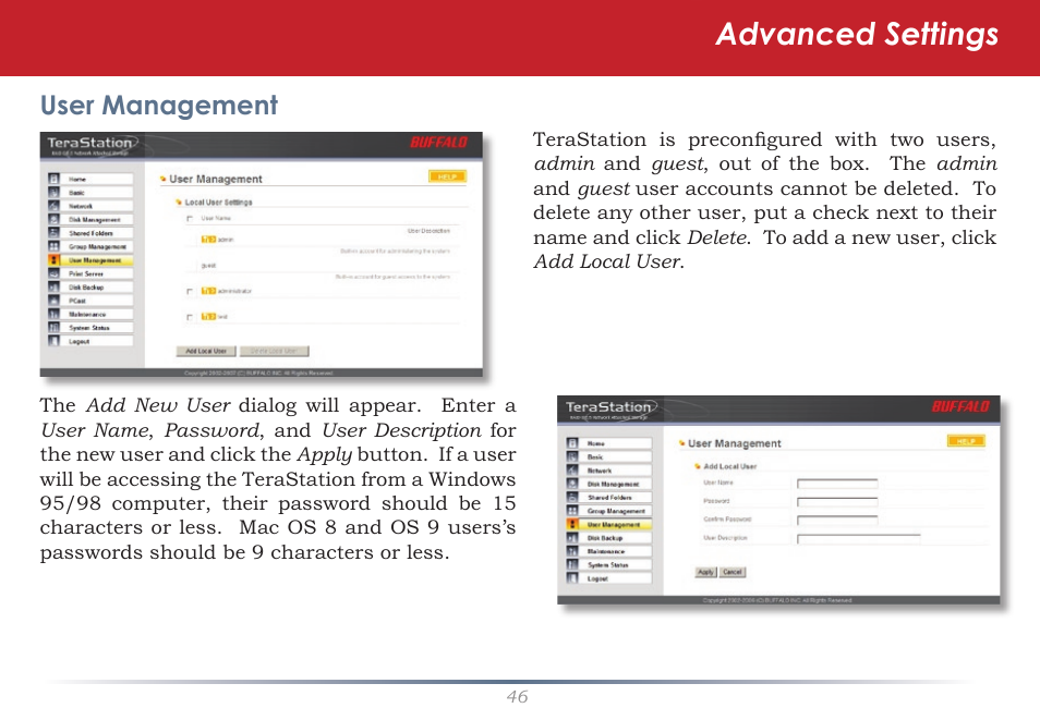 Advanced settings, User management | Buffalo Technology TeraStation Live HS-DH-TGL/R5 User Manual | Page 46 / 92