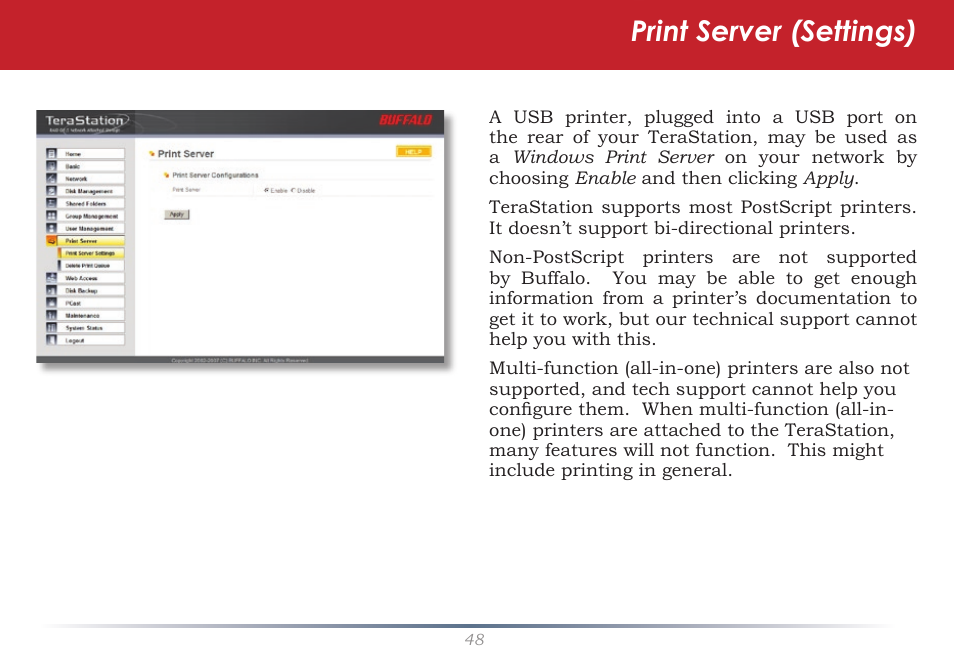 Print server (settings) | Buffalo Technology TeraStation Live HS-DH-TGL/R5 User Manual | Page 48 / 92