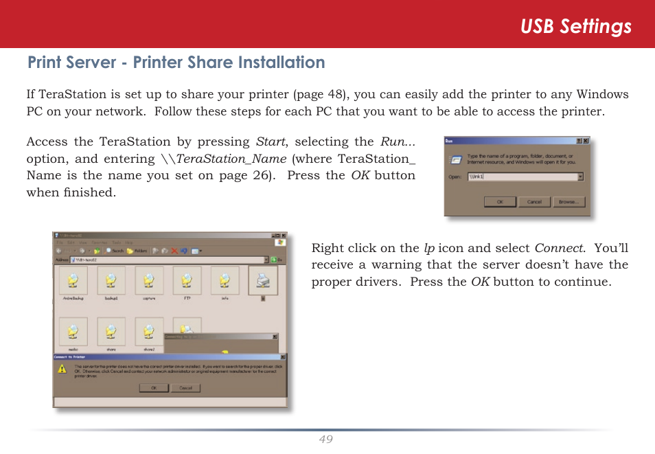 Usb settings, Print server - printer share installation | Buffalo Technology TeraStation Live HS-DH-TGL/R5 User Manual | Page 49 / 92