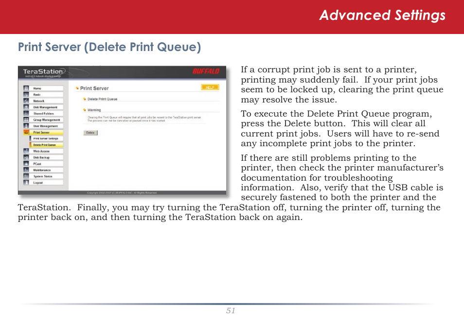 Advanced settings, Print server (delete print queue) | Buffalo Technology TeraStation Live HS-DH-TGL/R5 User Manual | Page 51 / 92