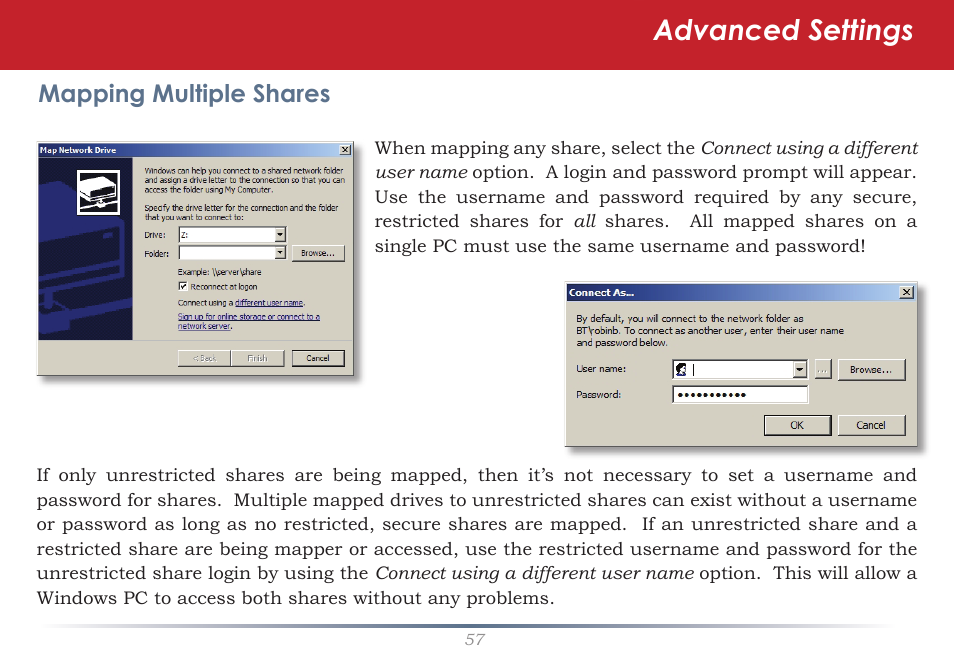 Advanced settings, Mapping multiple shares | Buffalo Technology TeraStation Live HS-DH-TGL/R5 User Manual | Page 57 / 92