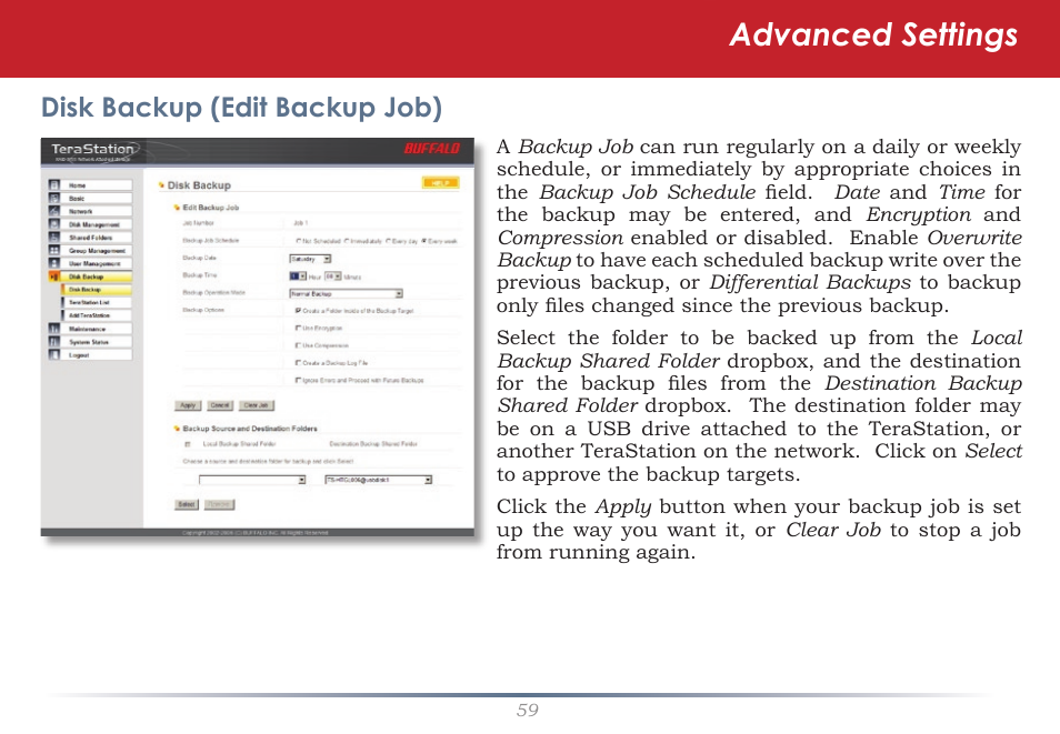 Advanced settings, Disk backup (edit backup job) | Buffalo Technology TeraStation Live HS-DH-TGL/R5 User Manual | Page 59 / 92