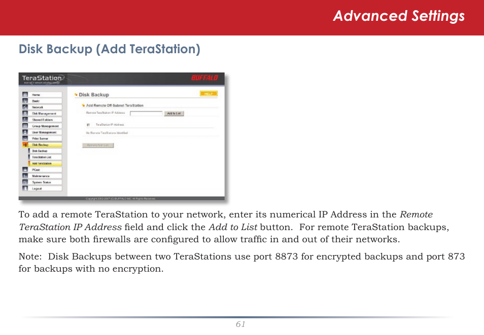 Advanced settings | Buffalo Technology TeraStation Live HS-DH-TGL/R5 User Manual | Page 61 / 92
