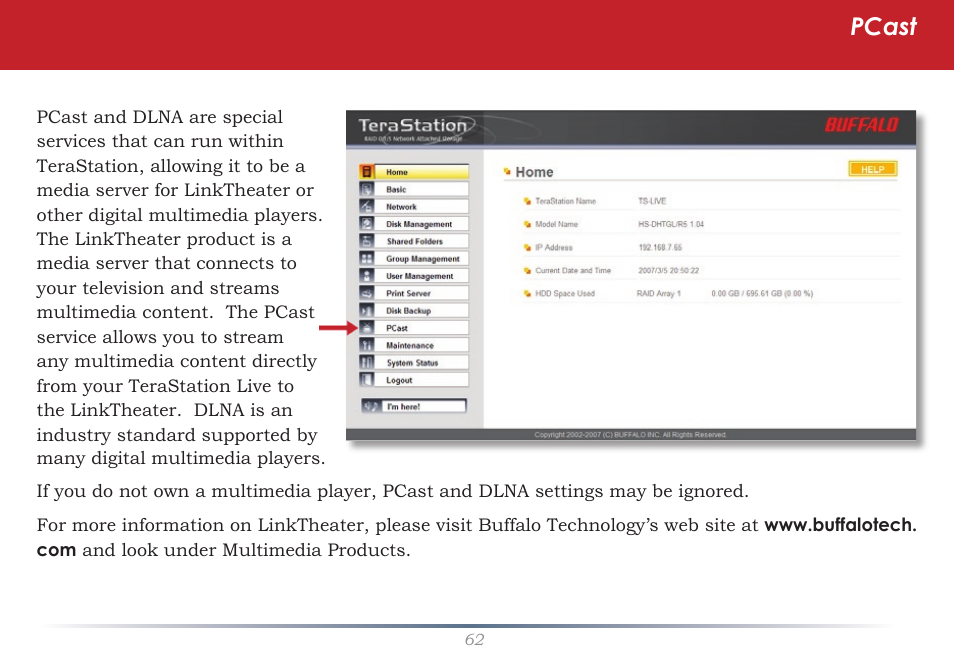 Pcast | Buffalo Technology TeraStation Live HS-DH-TGL/R5 User Manual | Page 62 / 92