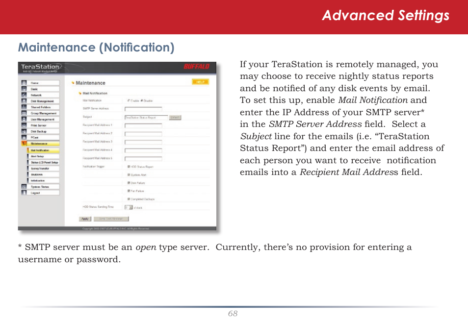 Advanced settings, Maintenance (notification) | Buffalo Technology TeraStation Live HS-DH-TGL/R5 User Manual | Page 68 / 92