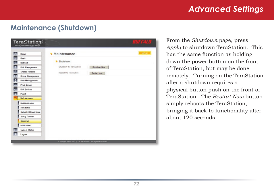 Advanced settings | Buffalo Technology TeraStation Live HS-DH-TGL/R5 User Manual | Page 72 / 92