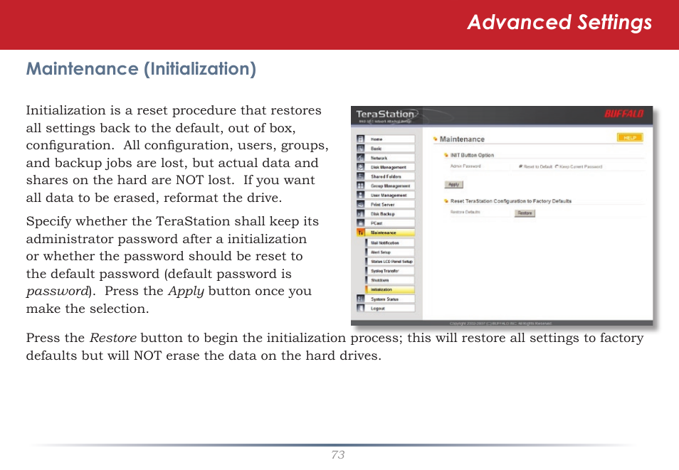 Advanced settings, Maintenance (initialization) | Buffalo Technology TeraStation Live HS-DH-TGL/R5 User Manual | Page 73 / 92