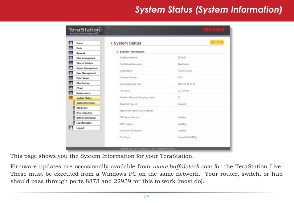 System status (system information) | Buffalo Technology TeraStation Live HS-DH-TGL/R5 User Manual | Page 74 / 92