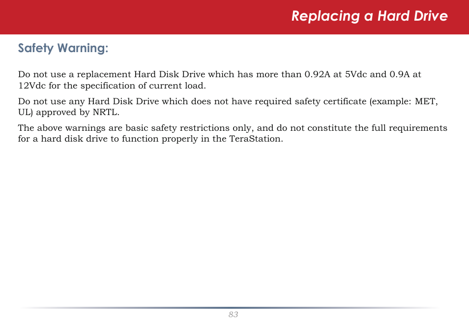 Replacing a hard drive, Safety warning | Buffalo Technology TeraStation Live HS-DH-TGL/R5 User Manual | Page 83 / 92