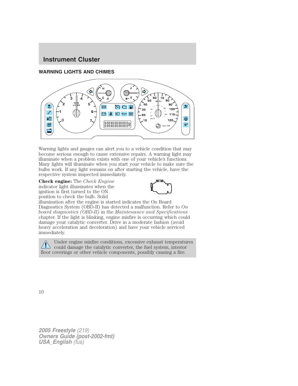 Instrument cluster, Warning lights and chimes, Warning and control lights | FORD 2005 Freestyle v.2 User Manual | Page 10 / 288