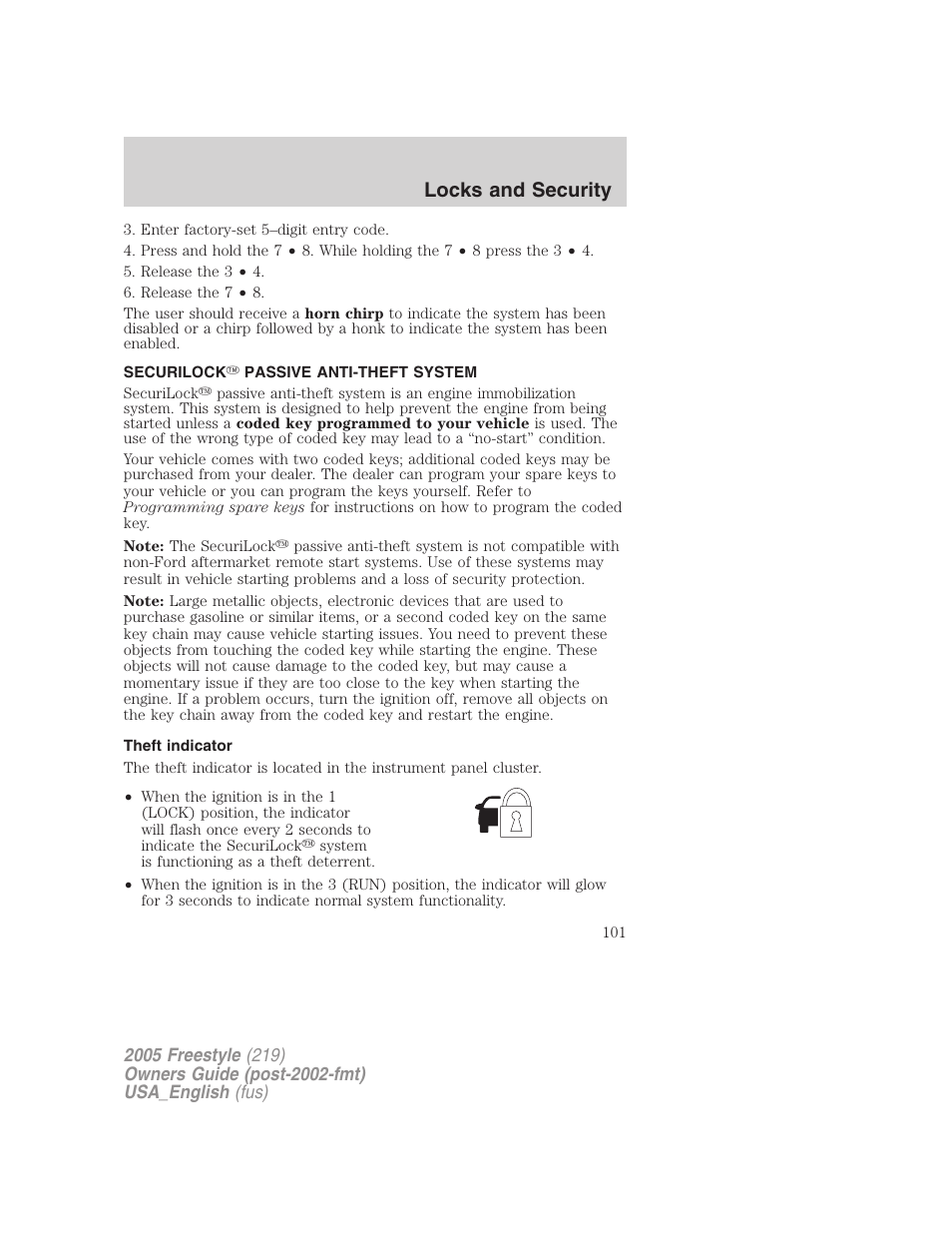 Securilock passive anti-theft system, Theft indicator, Anti-theft system | Locks and security | FORD 2005 Freestyle v.2 User Manual | Page 101 / 288