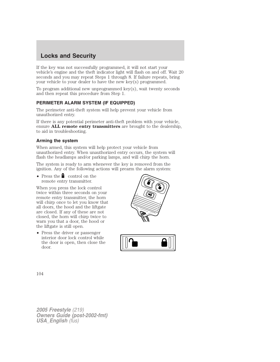 Perimeter alarm system (if equipped), Arming the system, Locks and security | FORD 2005 Freestyle v.2 User Manual | Page 104 / 288