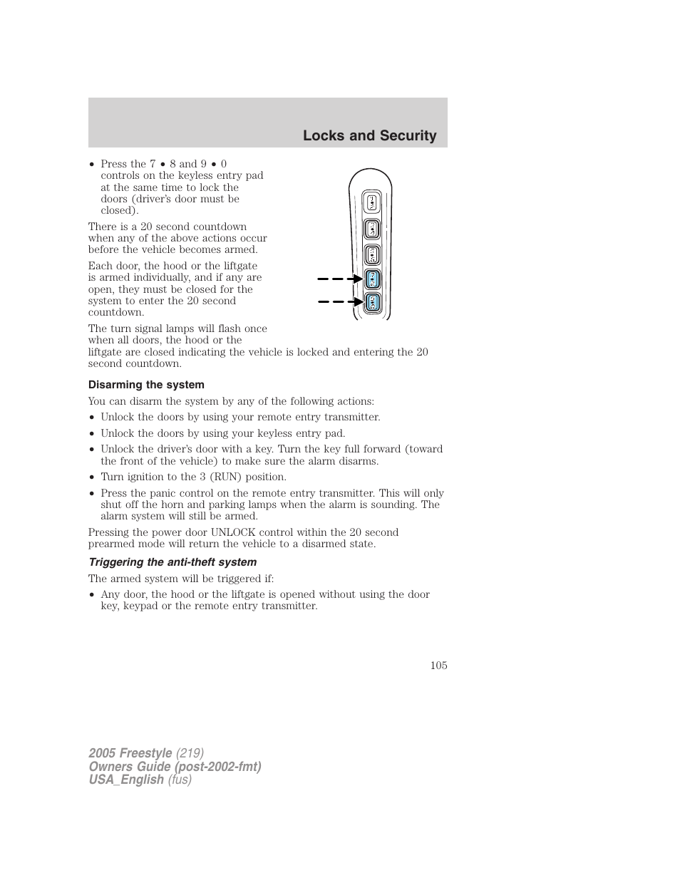 Disarming the system, Triggering the anti-theft system, Locks and security | FORD 2005 Freestyle v.2 User Manual | Page 105 / 288