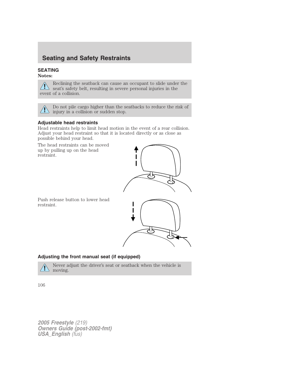 Seating and safety restraints, Seating, Adjustable head restraints | Adjusting the front manual seat (if equipped) | FORD 2005 Freestyle v.2 User Manual | Page 106 / 288