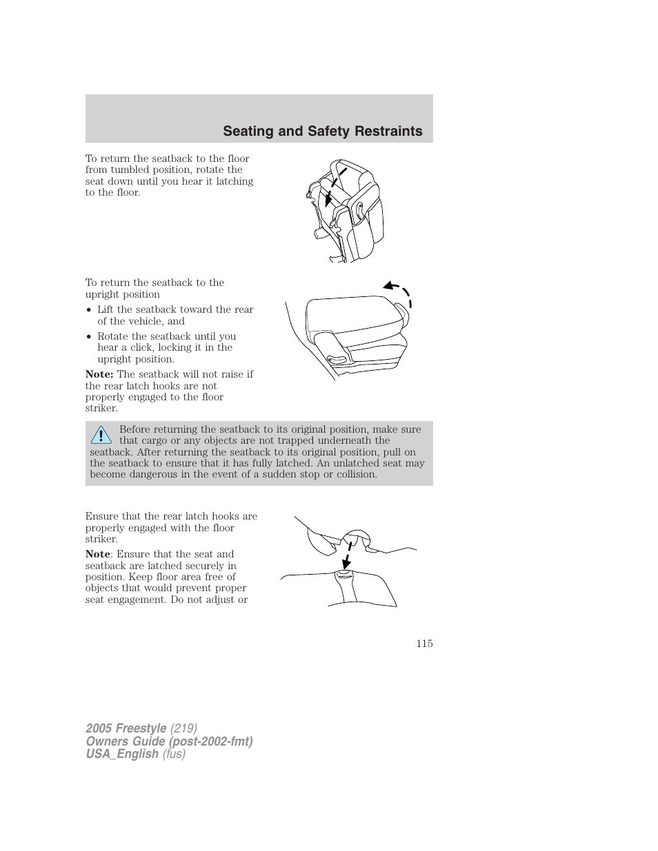 Seating and safety restraints | FORD 2005 Freestyle v.2 User Manual | Page 115 / 288