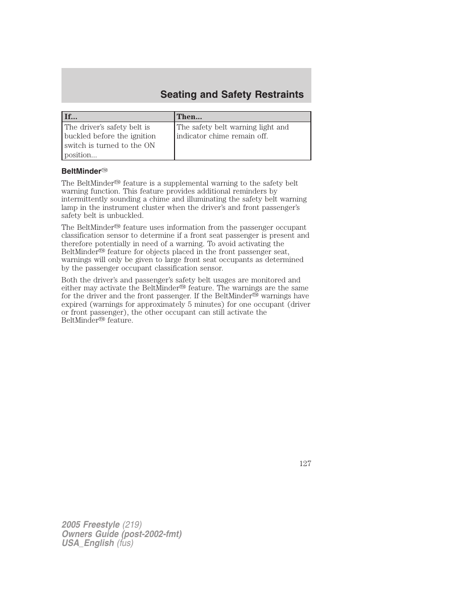 Beltminder, Seating and safety restraints | FORD 2005 Freestyle v.2 User Manual | Page 127 / 288