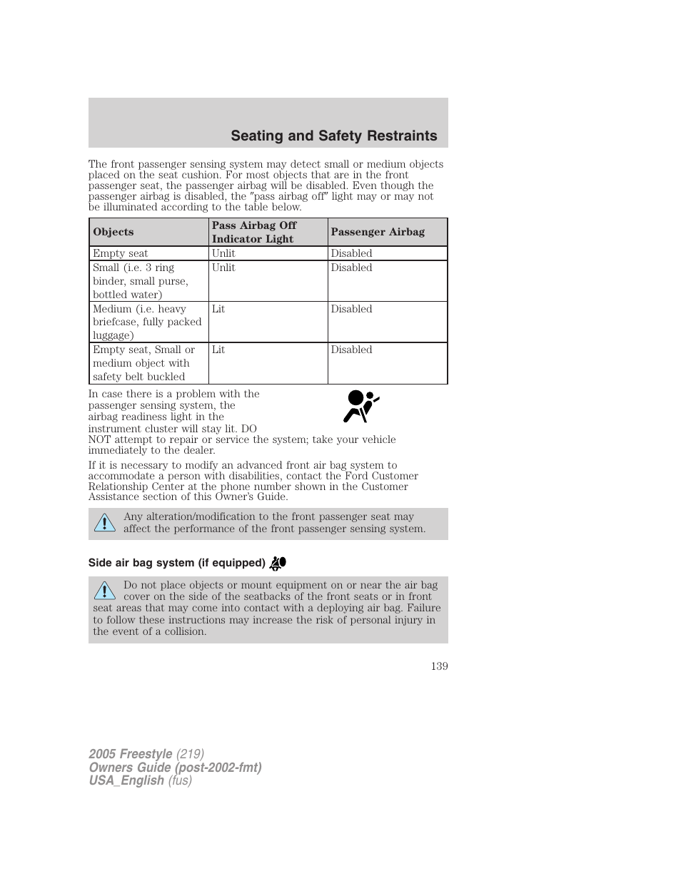 Side air bag system (if equipped), Seating and safety restraints | FORD 2005 Freestyle v.2 User Manual | Page 139 / 288