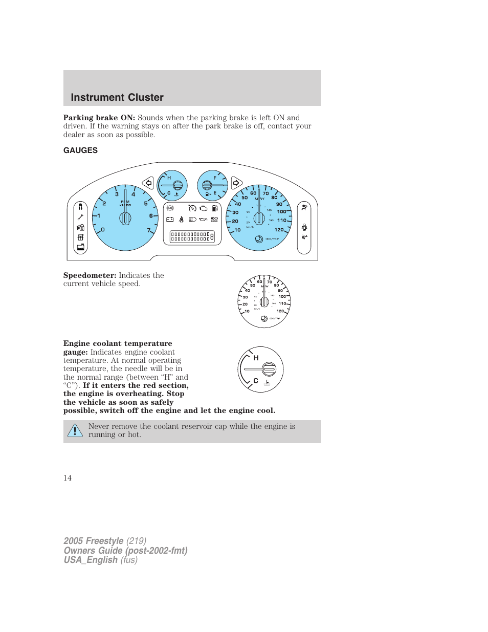 Gauges, Instrument cluster | FORD 2005 Freestyle v.2 User Manual | Page 14 / 288