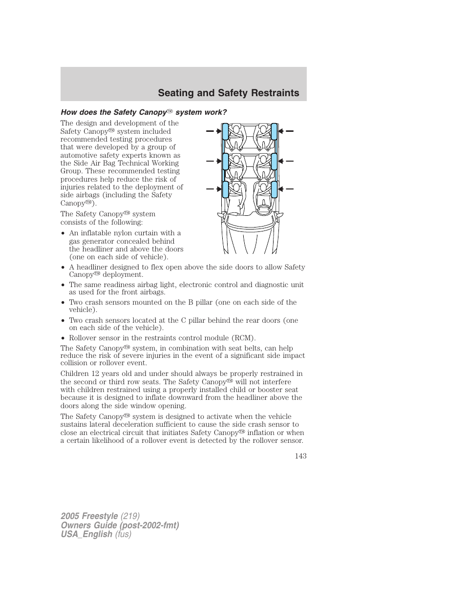How does the safety canopy system work, Seating and safety restraints | FORD 2005 Freestyle v.2 User Manual | Page 143 / 288