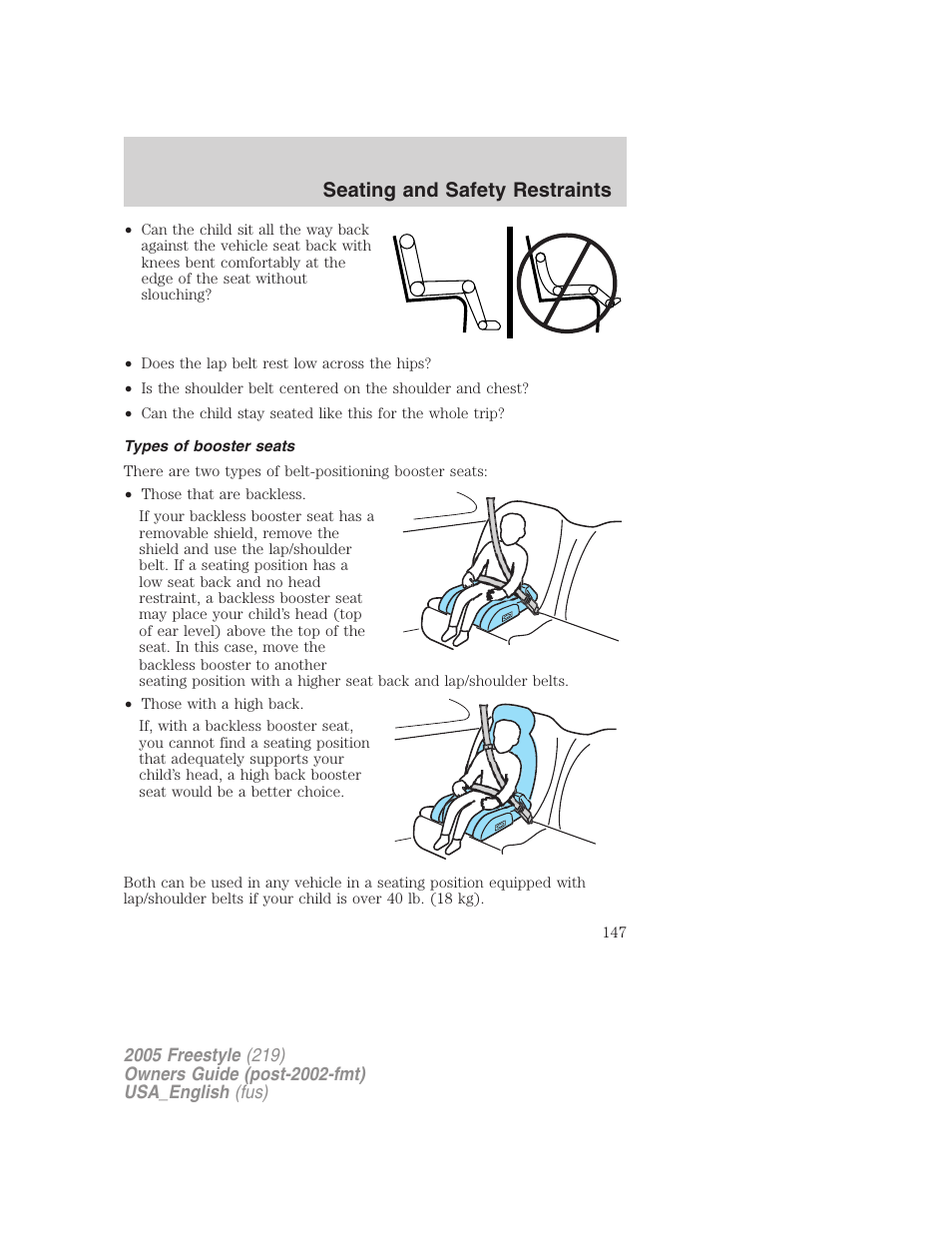 Types of booster seats, Seating and safety restraints | FORD 2005 Freestyle v.2 User Manual | Page 147 / 288