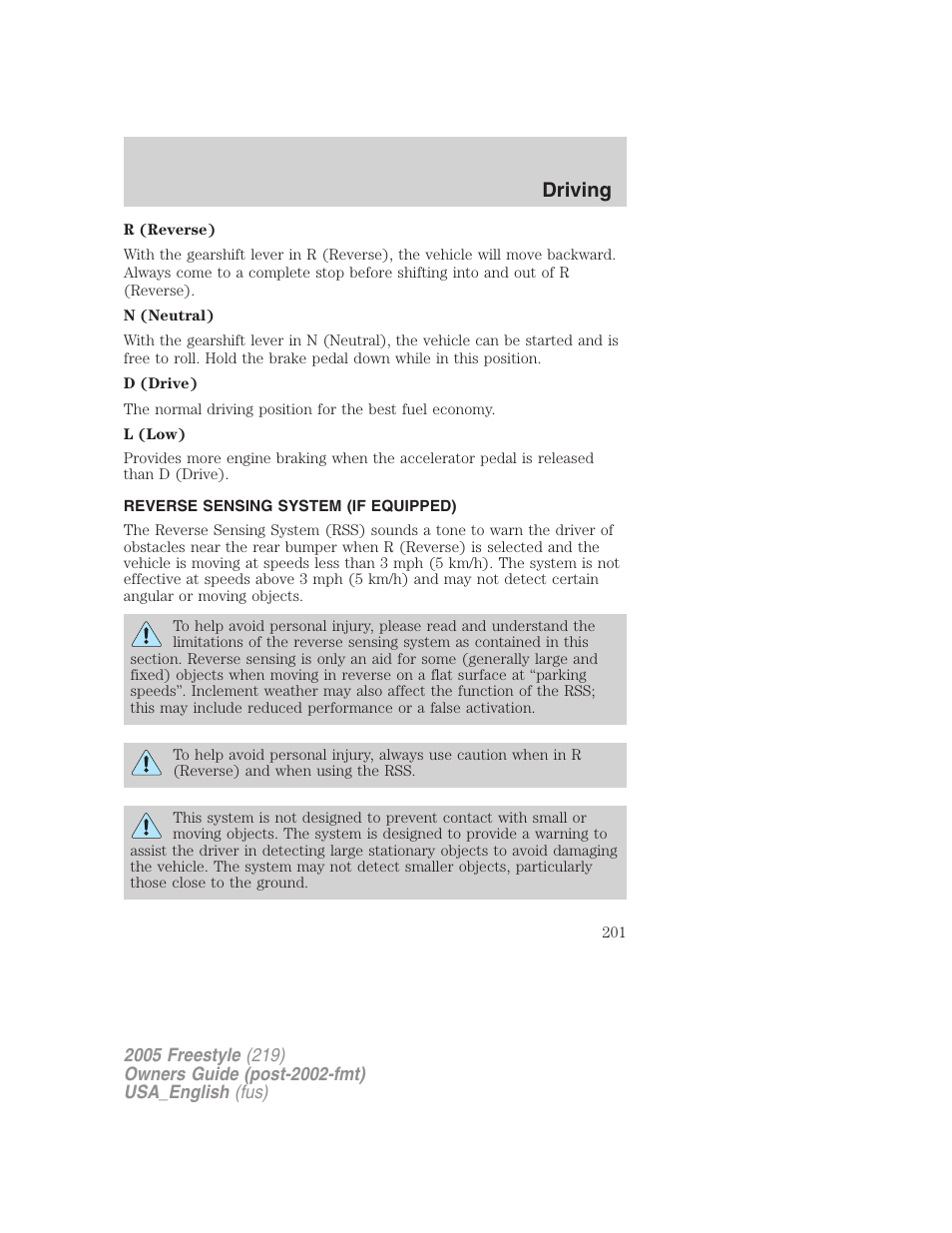 Reverse sensing system (if equipped), Driving | FORD 2005 Freestyle v.2 User Manual | Page 201 / 288