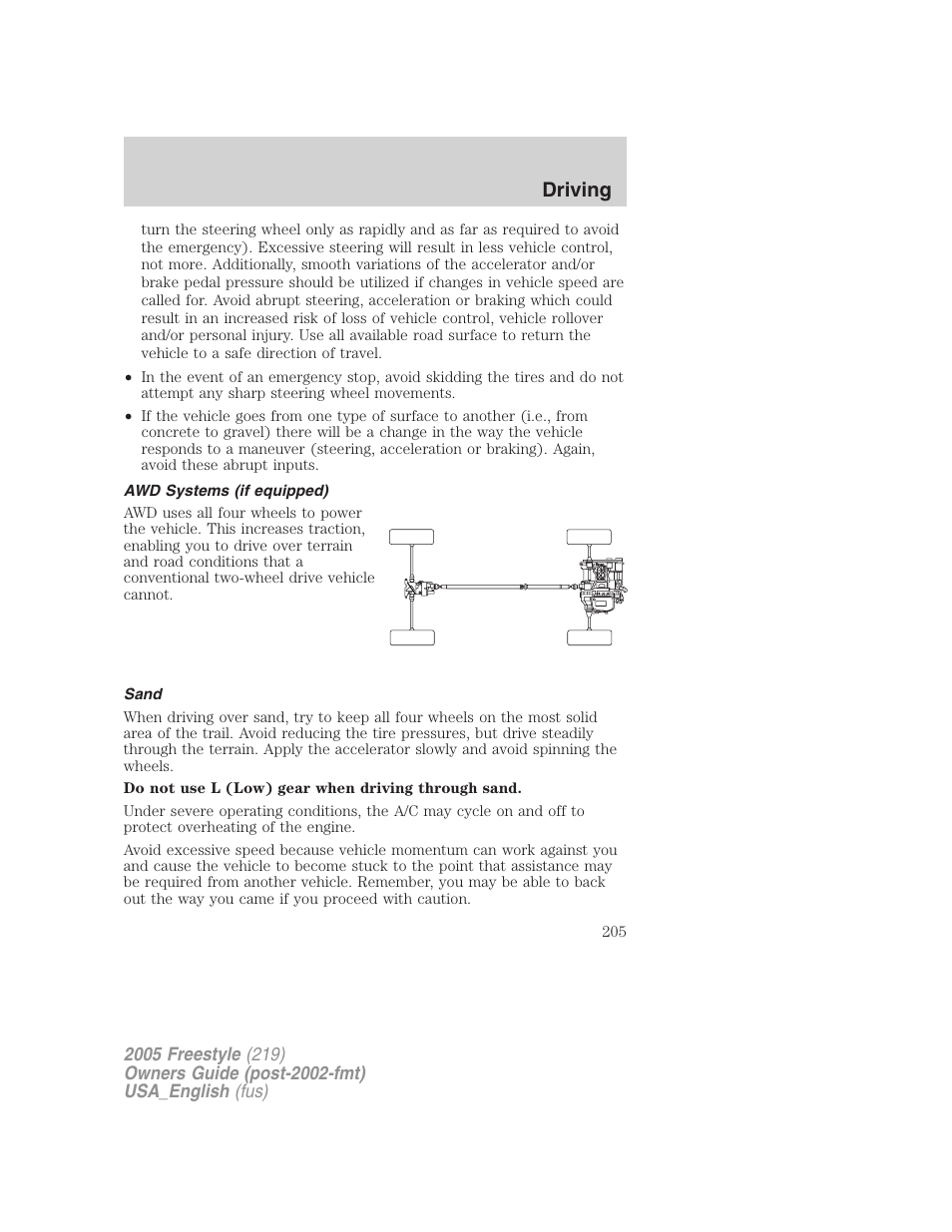Awd systems (if equipped), Sand, Driving | FORD 2005 Freestyle v.2 User Manual | Page 205 / 288