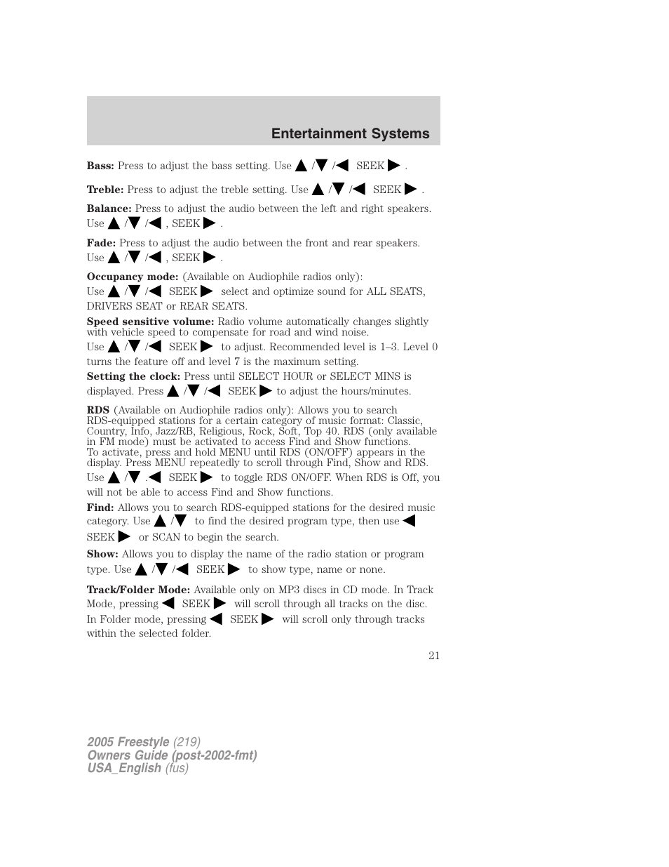 Entertainment systems | FORD 2005 Freestyle v.2 User Manual | Page 21 / 288