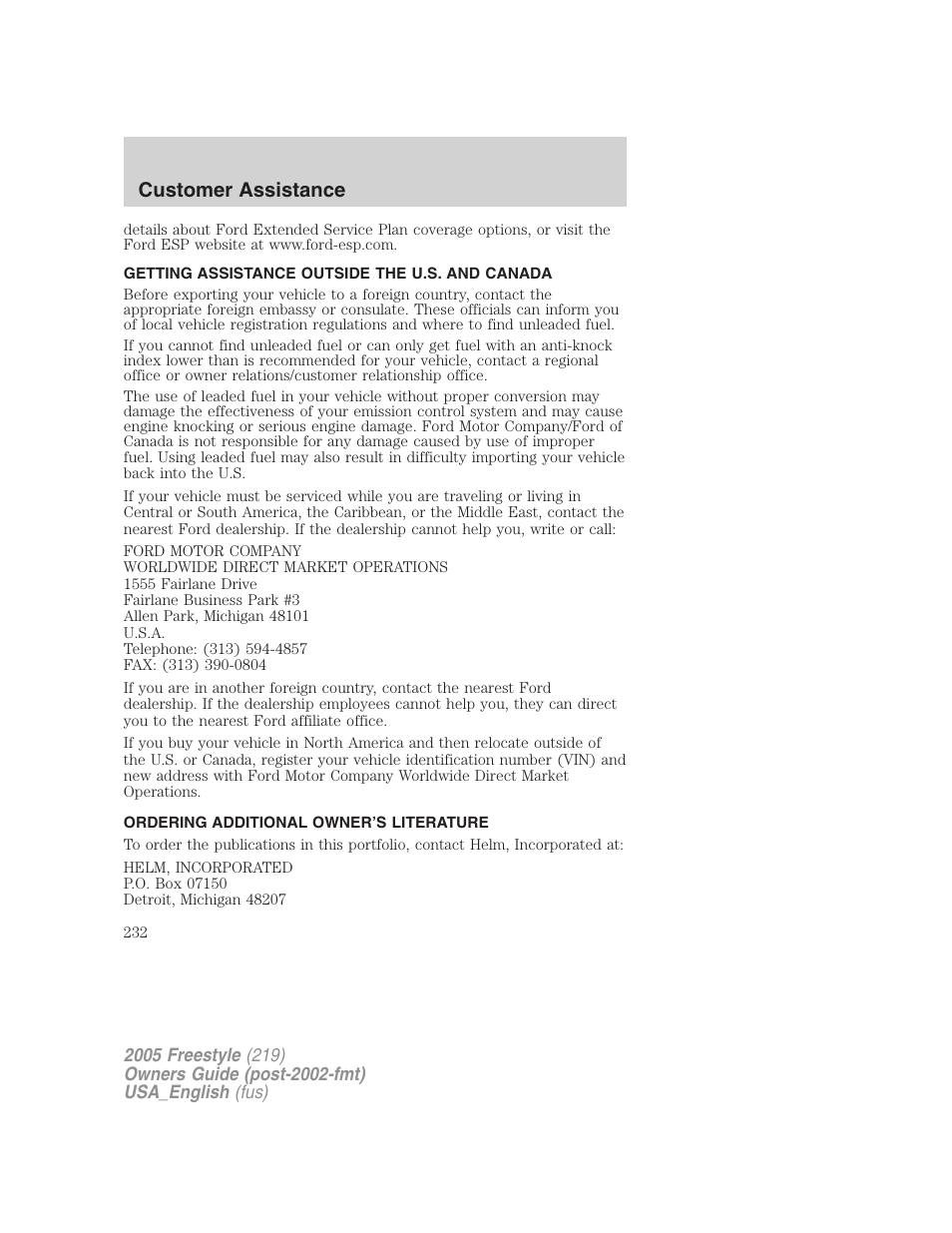 Getting assistance outside the u.s. and canada, Ordering additional owner’s literature, Customer assistance | FORD 2005 Freestyle v.2 User Manual | Page 232 / 288