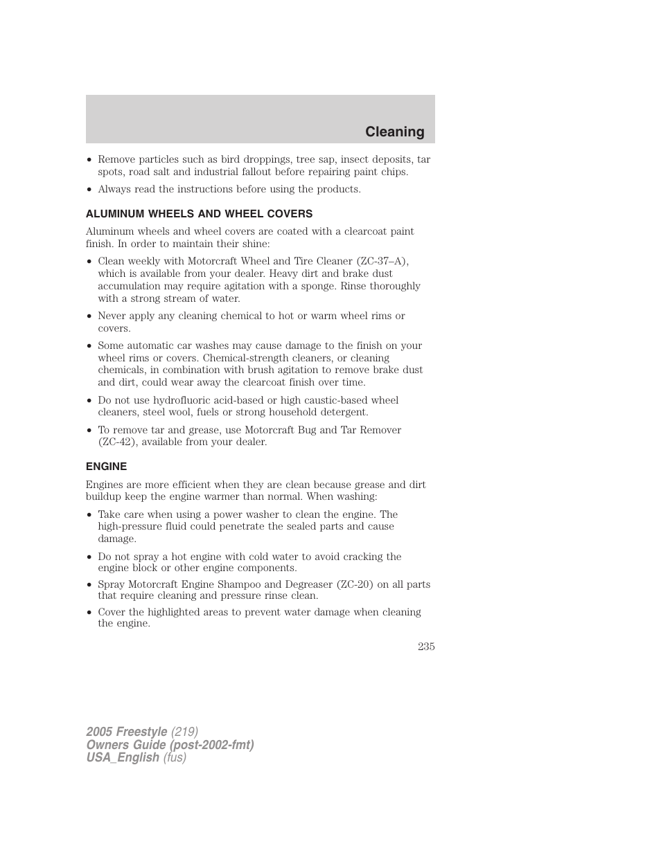 Aluminum wheels and wheel covers, Engine, Cleaning | FORD 2005 Freestyle v.2 User Manual | Page 235 / 288
