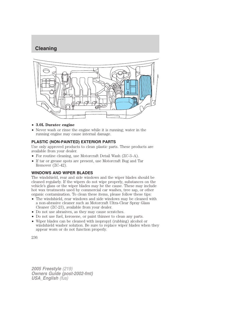 Plastic (non-painted) exterior parts, Windows and wiper blades, Cleaning | FORD 2005 Freestyle v.2 User Manual | Page 236 / 288