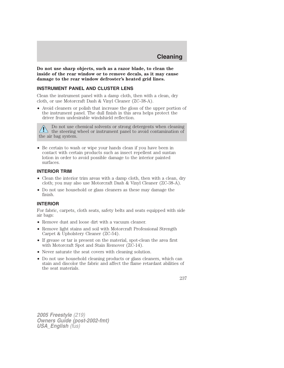 Instrument panel and cluster lens, Interior trim, Interior | Cleaning | FORD 2005 Freestyle v.2 User Manual | Page 237 / 288